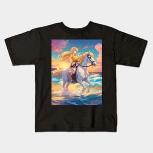 Anime Princess Cute Girl with White Horse collorful Kids T-Shirt